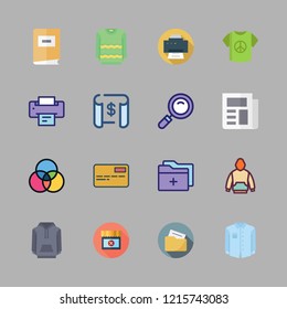 print icon set. vector set about book, loupe, hoodie and printer icons set.