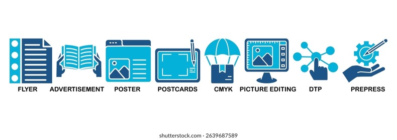 Print icon set vector illustration concept with icon of flyer, advertisement, brochure, poster, postcards, cmyk, picture editing, dtp, and prepress
