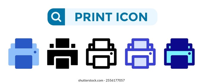 Print icons in 5 different vector illustration styles. Settings icons in flat, solid, line, blue and color styles. Vector illustrations can be used for web, mobile, ui