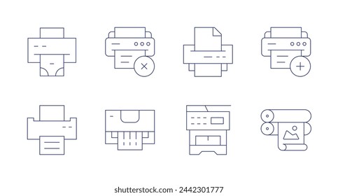 Imprimir iconos. Trazo editable. Conteniendo impresión, impresora, cruz, añadir, etiquetado, desplazamiento.