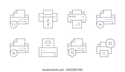 Imprimir iconos. Trazo editable. Conteniendo pausa, impresora, quitar, configuración, agregar, imprimir.