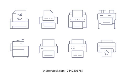 Imprimir iconos. Trazo editable. Contiene papel reciclado, impresora, trazador gráfico.