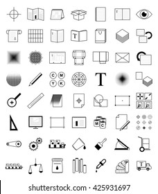 Print icons, prepress set. Vector offset polygraphy, typography in thin line style. Graphic design print pictogram outlines. Set print shop, publishing house. 