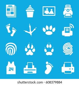 Print icons set. set of 16 print filled icons such as animal paw, footprint of  icobird, foot print, printer, ice cream in can, camera printing photo, sport t shirt number 24