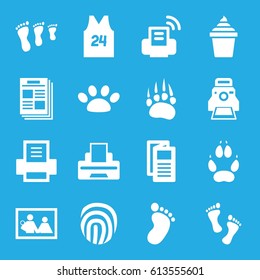 Print icons set. set of 16 print filled icons such as animal paw, foot print, news, ice cream in can, printer, camera printing photo, paw, sport t shirt number 24, foot