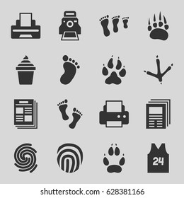 Print icons set. set of 16 print filled icons such as animal paw, footprint of  icobird, foot print, printer, ice cream in can, camera printing photo, finger print