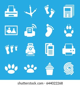 Print icons set. set of 16 print filled icons such as footprint of  icobird, animal paw, foot print, printer, news, ice cream in can, camera printing photo, paw, foot