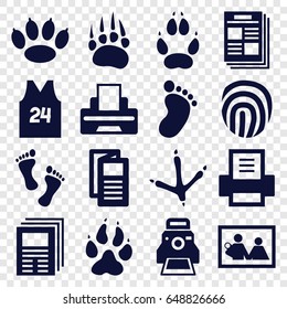 Print icons set. set of 16 print filled icons such as animal paw, footprint of  icobird, foot print, news, printer, camera printing photo, sport t shirt number 24, foot
