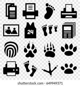 Print icons set. set of 16 print filled icons such as animal paw, footprint of  icobird, foot print, printer, news, paw, sport t shirt number 24, foot, fingerprint, newspaper