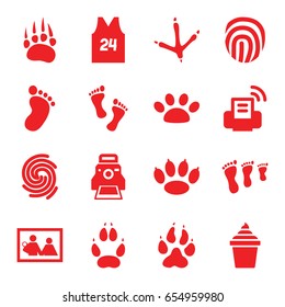 Print icons set. set of 16 print filled icons such as animal paw, footprint of  icobird, foot print, ice cream in can, camera printing photo, finger print, paw