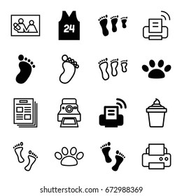 Print icons set. set of 16 print filled and outline icons such as foot print, paw, sport t shirt number 24, foot, printer, ice cream in can, camera printing photo