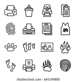 Print icons set. set of 16 print outline icons such as animal paw, printer, news, ice cream in can, camera printing photo, finger print, paw, foot, fingerprint