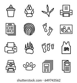 Print icons set. set of 16 print outline icons such as animal paw, footprint of  icobird, printer, news, ice cream in can, camera printing photo, paw, foot, fingerprint