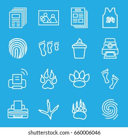Print icons set. set of 16 print outline icons such as animal paw, footprint of  icobird, ice cream in can, printer, camera printing photo, finger print, foot, fingerprint