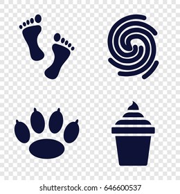 Print icons set. set of 4 print filled icons such as ice cream in can, finger print, foot