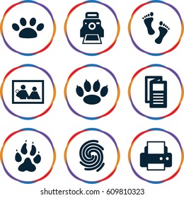 Print icons set. set of 9 print filled icons such as animal paw, printer, news, camera printing photo, finger print, paw, foot