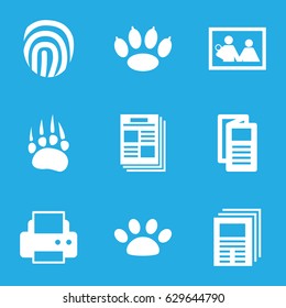 Print icons set. set of 9 print filled icons such as animal paw, printer, news, paw, fingerprint, newspaper