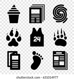 Print icons set. set of 9 print filled icons such as animal paw, news, ice cream in can, sport t shirt number 24