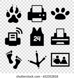 Print icons set. set of 9 print filled icons such as animal paw, footprint of  icobird, printer, paw, sport t shirt number 24, foot