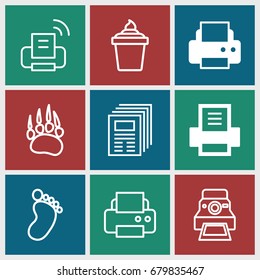 Print icons set. set of 9 print filled and outline icons such as printer, animal paw, foot print, ice cream in can, camera printing photo