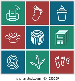 Print icons set. set of 9 print outline icons such as footprint of  icobird, foot print, ice cream in can, finger print, paw, printer