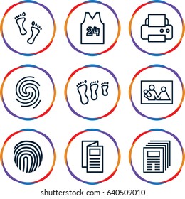 Print icons set. set of 9 print outline icons such as printer, news, finger print, foot, fingerprint, sport t shirt number 24, family photo, family footprint