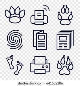 Print icons set. set of 9 print outline icons such as animal paw, printer, news, finger print, foot, paw