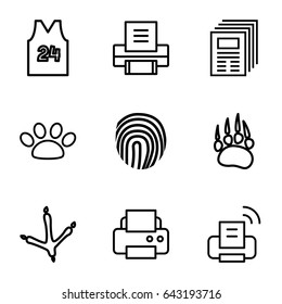 Print icons set. set of 9 print outline icons such as animal paw, footprint of  icobird, printer, paw, fingerprint, sport t shirt number 24