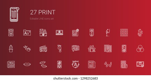 print icons set. Collection of print with balloon modelling, newspaper, font, news, kiss, lips, dog house, foot, footprint, cactus, d printer. Editable and scalable print icons.
