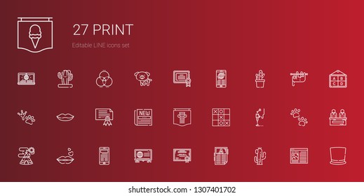 print icons set. Collection of print with cactus, news, certificate, kiss, indian tent, printer, tic tac toe, poster, newspaper, lips, footprint. Editable and scalable print icons.