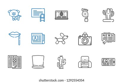 print icons set. Collection of print with news, printer, cactus, top hat, photography, dog, newspaper, lips, foot, certificate. Editable and scalable print icons.