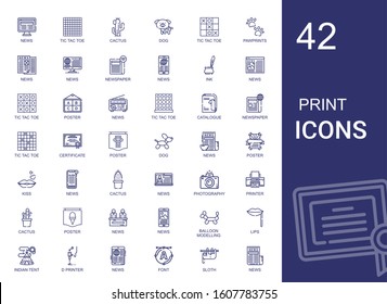 print icons set. Collection of print with news, tic tac toe, cactus, dog, pawprints, newspaper, ink, poster, catalogue, certificate, kiss, photography. Editable and scalable print icons.