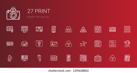 print icons set. Collection of print with poster, news, newspaper, foot, cactus, dog, rgb, fonts, printer, tic tac toe, paw, certificate, photography. Editable and scalable print icons.