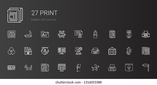 print icons set. Collection of print with printer, dog, d printer, news, newspaper, balloon modelling, poster, indian tent, font, rgb, cactus. Editable and scalable print icons.