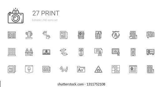 print icons set. Collection of print with tic tac toe, paw, fonts, balloon modelling, newspaper, poster, certificate, standee, kiss, news, font. Editable and scalable print icons.