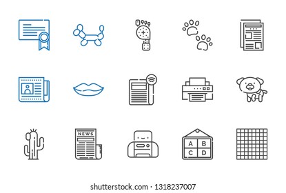 print icons set. Collection of print with tic tac toe, poster, printer, news, cactus, dog, newspaper, lips, pawprints, foot, balloon modelling. Editable and scalable print icons.