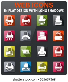 print icons set in flat design with long shadow