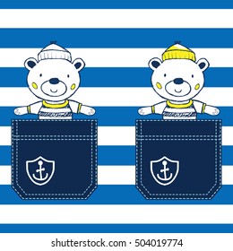 Print idea for pocket detail  with a cute teddy bear sailor. vector illustration.