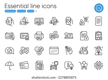 Print image, Car secure and 5g technology line icons. Collection of Lamp, Accounting checklist, Online video icons. Umbrella, Lock, Document web elements. Thoughts, Teamwork question. Vector