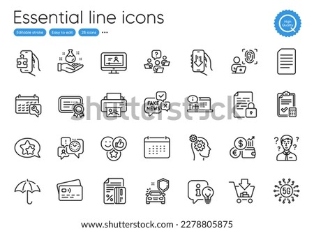 Print image, Car secure and 5g technology line icons. Collection of Lamp, Accounting checklist, Online video icons. Umbrella, Lock, Document web elements. Thoughts, Teamwork question. Vector