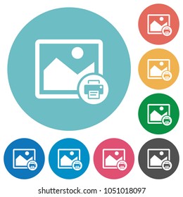 Print image flat white icons on round color backgrounds