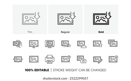 Print image, Photo camera, Upload picture icons. Photo line icons. Edit image, Play presentation and photo printer. Download picture, Gallery carousel, placeholder pic. View portfolio. Vector