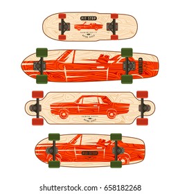 Print with image of retro car. Design for various forms of longboard and skateboard