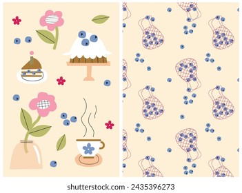 Imprimir con arándanos aislados, pastel, té, flores. Patrón sin costuras con arándanos y bolsa. Pegatina de postre. Hora del té y colección de pasteles. Tarjeta con pastel de arándanos. Ilustración vectorial.