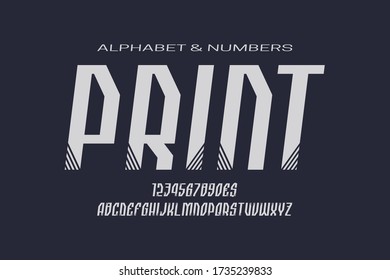 Print italic display font. Strong letters, numbers and currency signs. Isolated english alphabet. Vector lettering.