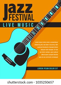 Print Jazz music concert, poster background template with generic acoustic guitar. Flyer design 