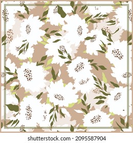 Print for kerchief, bandana, scarf, handkerchief, shawl, neck scarf. Squared pattern with ornament for fabric, textile, silk products. Paisley vector with flowers in nordic style.Floral folk tracery.