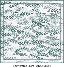 Print for kerchief, bandana, scarf, handkerchief, shawl, neck scarf. Squared pattern with ornament for fabric, textile, silk products. Paisley vector with abstract leaves. Floral folk tracery.