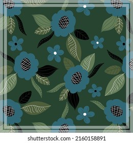 Print for kerchief, bandana, scarf, handkerchief, shawl, neck scarf. Squared pattern with ornament for fabric, textile, silk products. Paisley vector with abstract flowers. Floral folk tracery.
