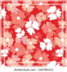 Print for kerchief, bandana, scarf, handkerchief, shawl, neck scarf. Squared pattern with ornament for fabric, textile, silk products. Paisley vector with abstract flowers. Floral folk tracery.